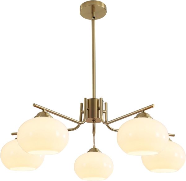 KCO 5-Light Brushed Brass Gold White Milk Glass Globe Sputnik Chandelier