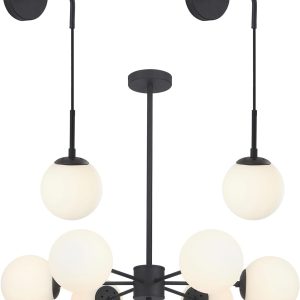 KCO Lighting Matter Black Wall Sconce Set of 2 Mid Century Modern Wall Sconce Lighting 6 Light Sputnik Chandelier Milk Glass Chandelier White Globe Chandelier Flush Mount Chandelier for Dining Room
