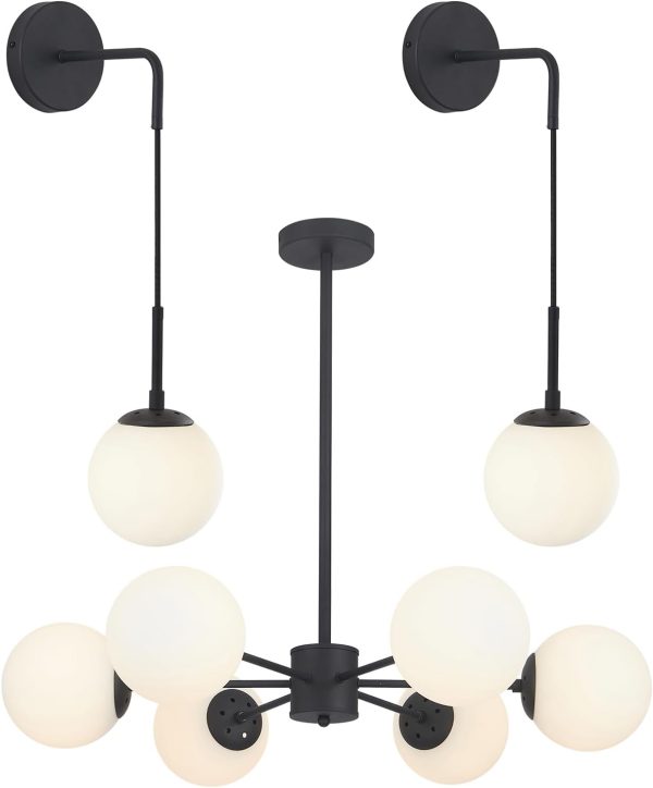 KCO Lighting Matter Black Wall Sconce Set of 2 Mid Century Modern Wall Sconce Lighting 6 Light Sputnik Chandelier Milk Glass Chandelier White Globe Chandelier Flush Mount Chandelier for Dining Room