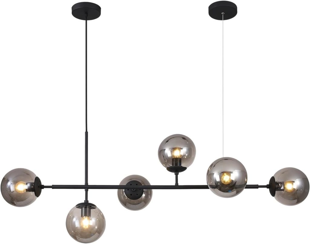 KCO Black 6-Light Linear Pendant Light Smoke Glass Globe Sputnik Chandelier