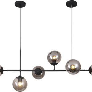 KCO Black 6-Light Linear Pendant Light Smoke Glass Globe Sputnik Chandelier