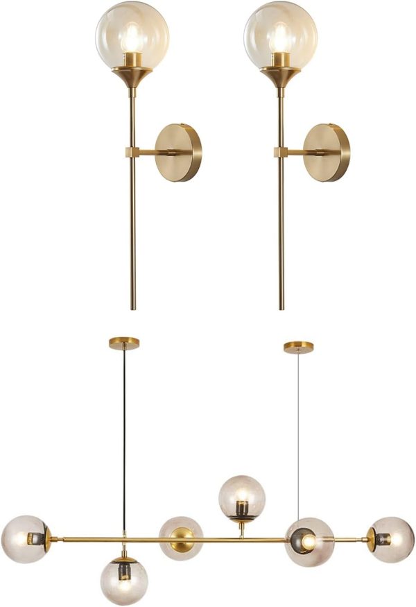 KCO Lighting Gold Globe Wall Sconce Brushed Brass Long Slim Wall Light 6-Light Glass Globe Pendant Light Fixture Mid Century Modern Sputnik Chandelier