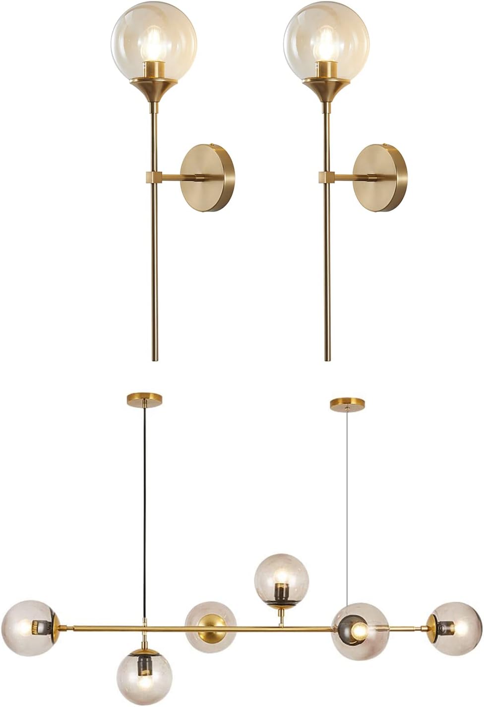 KCO Lighting Gold Globe Wall Sconce Brushed Brass Long Slim Wall Light 6-Light Glass Globe Pendant Light Fixture Mid Century Modern Sputnik Chandelier