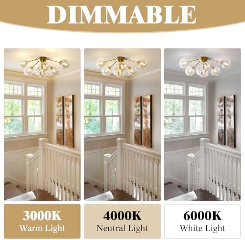 KCO Lighting 7-Lights Mid Century Modern Flush Mount Ceiling Light Overhead Amber Glass Globe Sputnik Chandelier Ceiling Light Fixture Brass Gold Bedroom Living Room Ceiling Lighting - Image 5