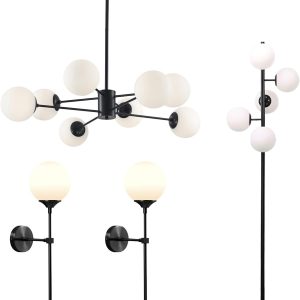 KCO Lighting Black Sputnik Chandelier Modern Minimalist Wall Sconce Black Matte Slim Wall Sconce 5-Light Frosted White Glass Globe Floor Lamp Modern Black Corner Floor Lamp