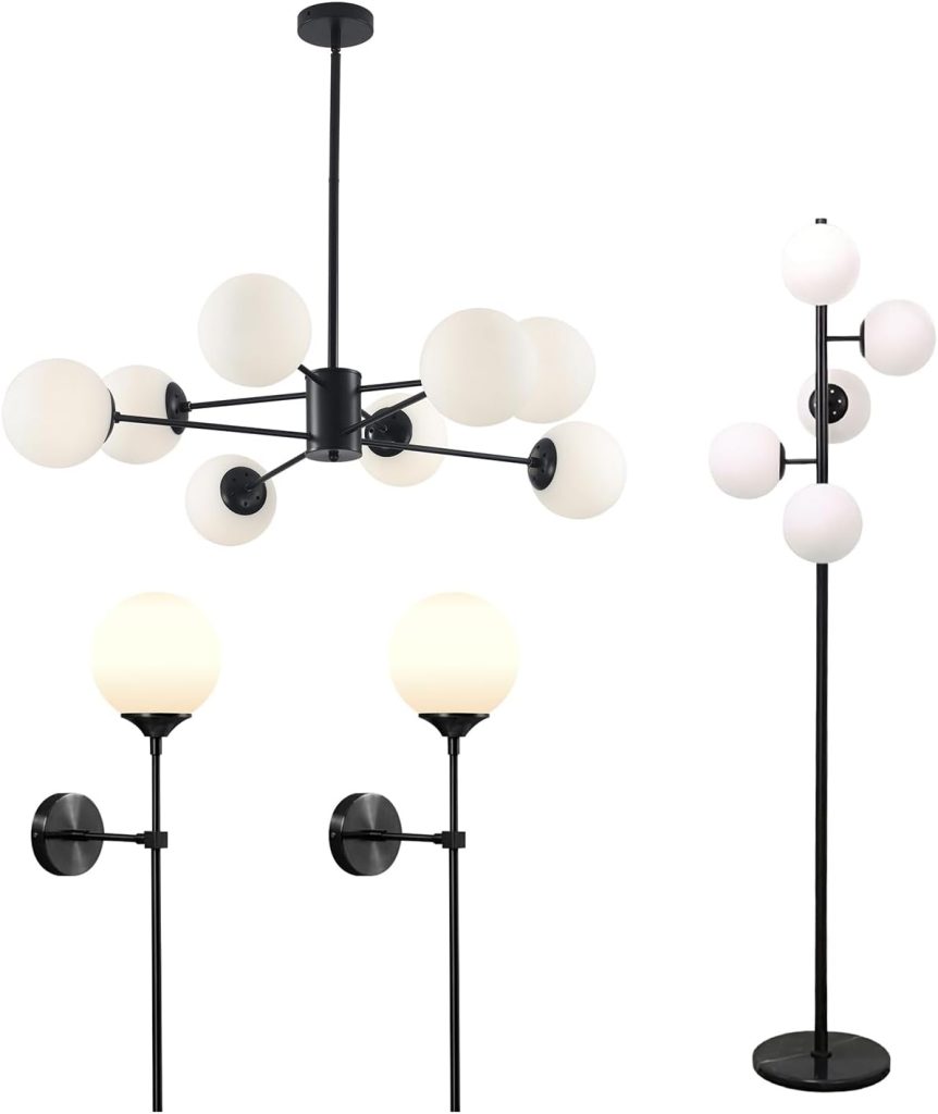 KCO Lighting Black Sputnik Chandelier Modern Minimalist Wall Sconce Black Matte Slim Wall Sconce 5-Light Frosted White Glass Globe Floor Lamp Modern Black Corner Floor Lamp