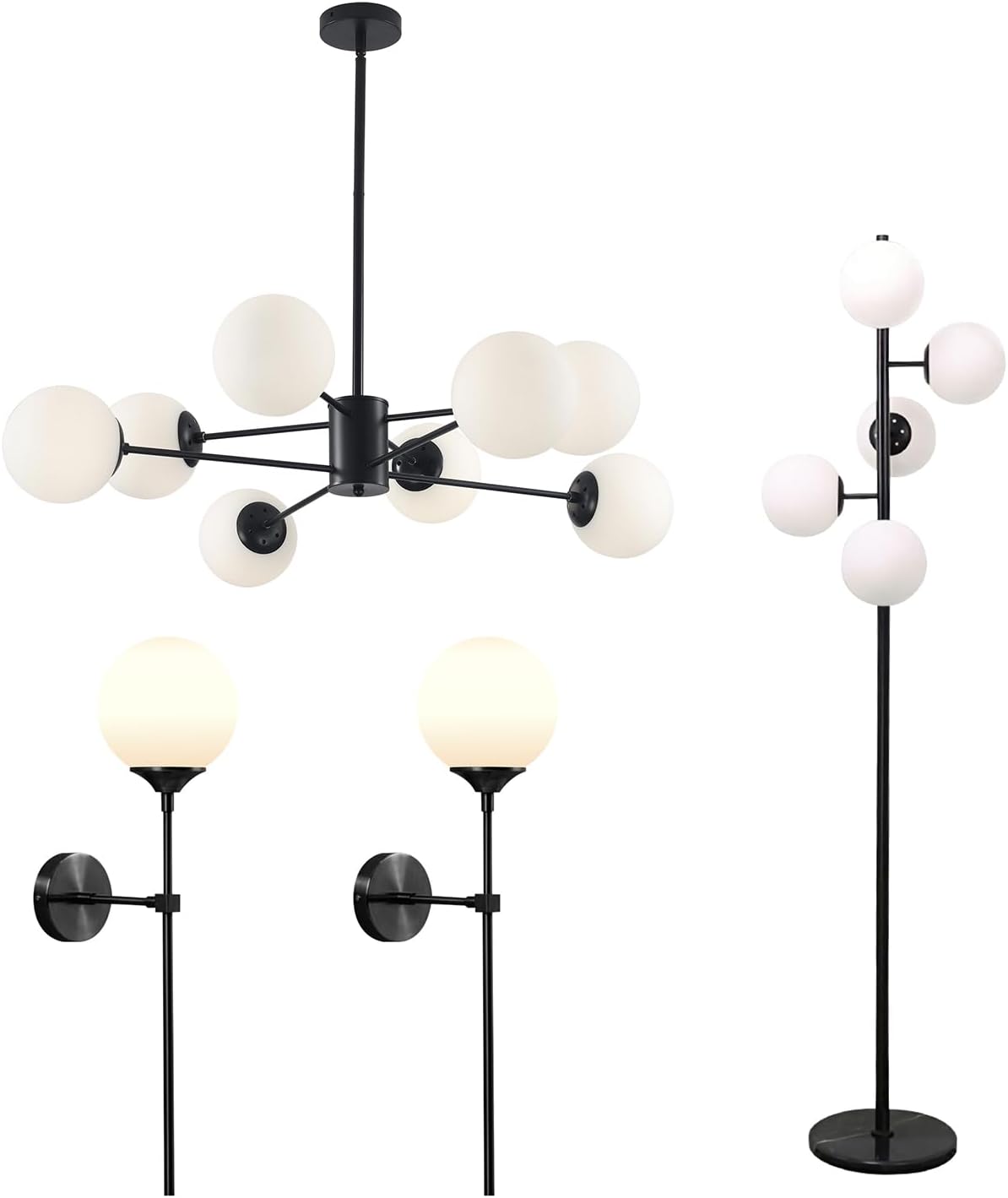 KCO Lighting Black Sputnik Chandelier Modern Minimalist Wall Sconce Black Matte Slim Wall Sconce 5-Light Frosted White Glass Globe Floor Lamp Modern Black Corner Floor Lamp