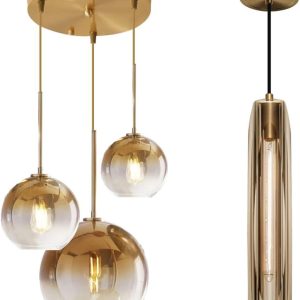 KCO Lighting Gold Gradient Pendant Light Glass Globe Hanging Lamp Crystal Pendant Light for Kitchen Island Dining Room Bedroom