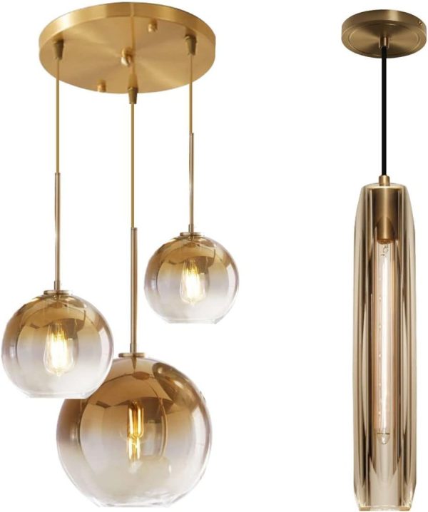 KCO Lighting Gold Gradient Pendant Light Glass Globe Hanging Lamp Crystal Pendant Light for Kitchen Island Dining Room Bedroom