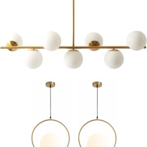 KCO Lighting Modern Gold Chandelier with White Globe Sputnik Chandelier Pendant Light Frosted Globe Glass Adjustable Hanging Ceiling Light for Dining Room Living Room Kitchen (Gold)