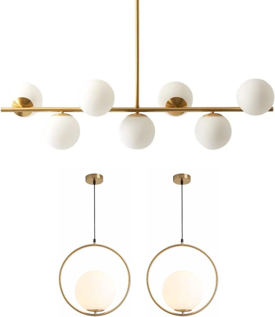 KCO Lighting Modern Gold Chandelier with White Globe Sputnik Chandelier Pendant Light Frosted Globe Glass Adjustable Hanging Ceiling Light for Dining Room Living Room Kitchen (Gold)