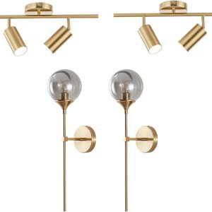 KCO Lighting Modern 2-Light Gold Track Lighting Fixture Industrial Adjustable Ceiling Spot Lights Smoke Gray Glass Globe Wall Sconce Modern Gold Long Pole Wall Lighting Fixture