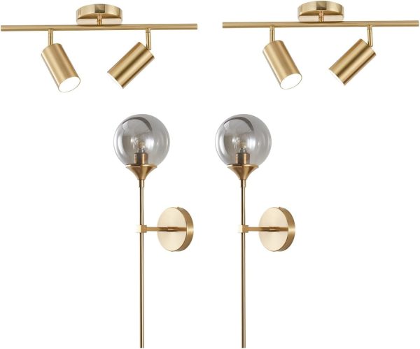 KCO Lighting Modern 2-Light Gold Track Lighting Fixture Industrial Adjustable Ceiling Spot Lights Smoke Gray Glass Globe Wall Sconce Modern Gold Long Pole Wall Lighting Fixture
