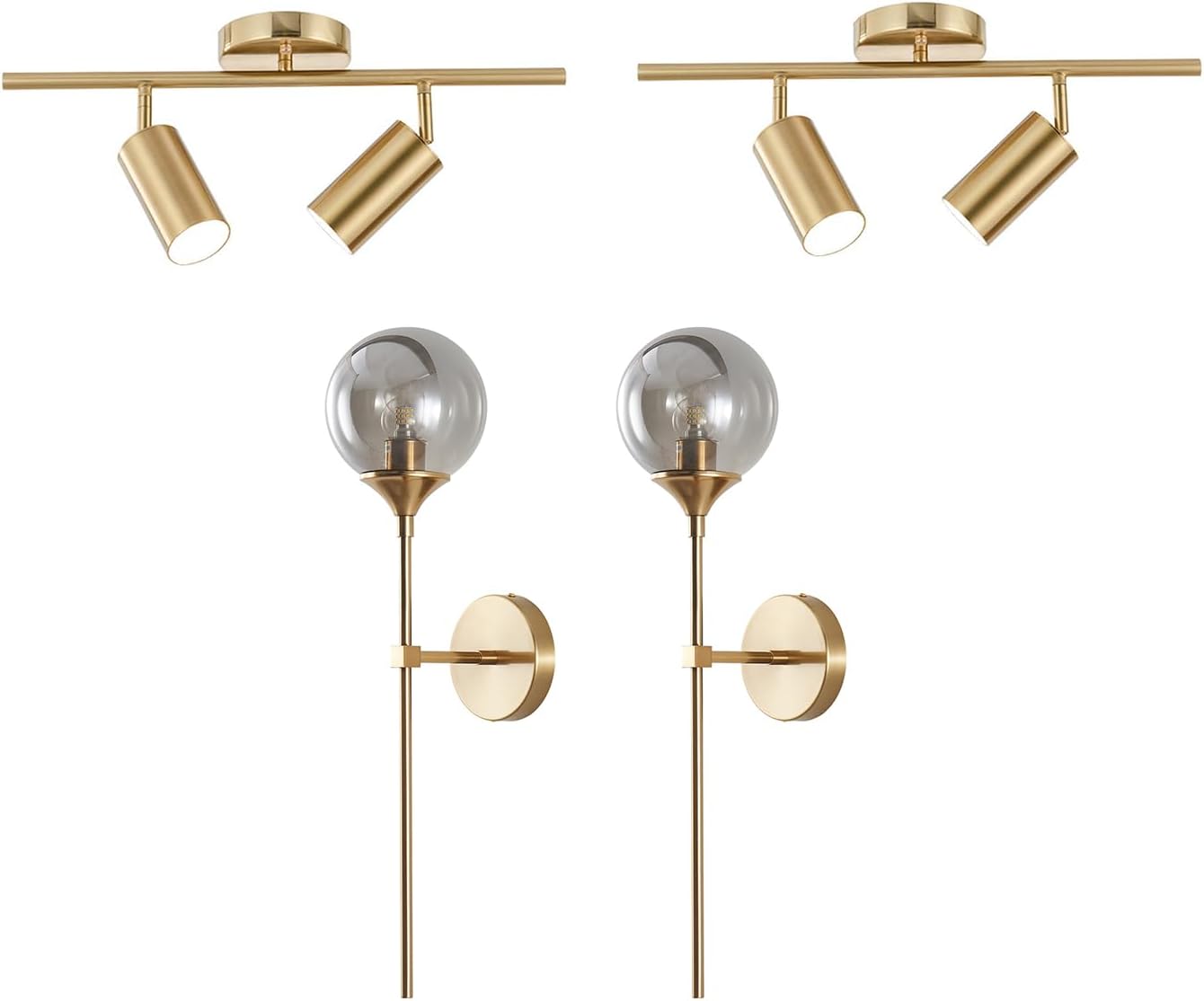 KCO Lighting Modern 2-Light Gold Track Lighting Fixture Industrial Adjustable Ceiling Spot Lights Smoke Gray Glass Globe Wall Sconce Modern Gold Long Pole Wall Lighting Fixture
