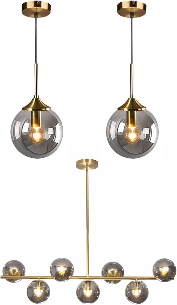 KCO Lighting Smoke Gray Glass Globe Pendant Lighting Modern Gold Single Pendant Light Fixture Brushed Brass Linear Chandelier Mid Century Glod Globe Chandelier Kitchen Island Dining Lighting