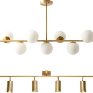 KCO Lighting Modern Gold Chandelier with White Frosted Globe, Gold Adjustable Track Lighting 4 Light for Dining Room Living Room Bedroom