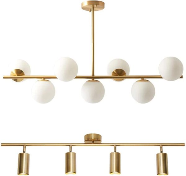 KCO Lighting Modern Gold Chandelier with White Frosted Globe, Gold Adjustable Track Lighting 4 Light for Dining Room Living Room Bedroom