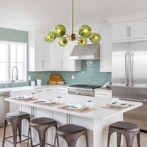 KCO Lighting 6-Light Green Glass Ceiling Pendant Light Modern Globe Semi Flush Mount Ceiling Chandelier Vintage Brass Gold Sputnik Chandelier Lighting for Kitchen Living Room Dining Room - Image 6