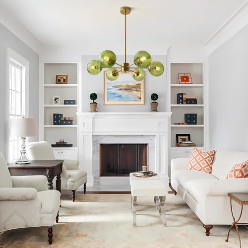 KCO Lighting 6-Light Green Glass Ceiling Pendant Light Modern Globe Semi Flush Mount Ceiling Chandelier Vintage Brass Gold Sputnik Chandelier Lighting for Kitchen Living Room Dining Room - Image 7