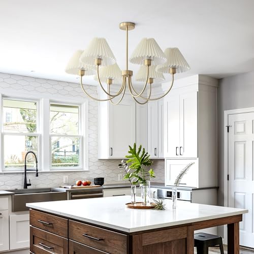 KCO Lighting 6-Lights Pleated Chandelier White Fabric Pendant Light Fixtures Gold Flush Mount Ceiling Light Clear Glass Semi Sluh Mount Ceiling Light Fixtures - Image 7