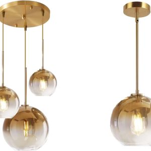 KCO Lighting Modern 3-Light Cluster Pendant Light Brush Brass Multi Light Pendant Lighting Gradient Gold Glass Pendant Light 1-Light Sphere Glass Pendant Lights Adjustable Hanging Ceiling Light Fixtur