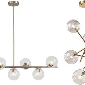 KCO Lighting Modern 7-Light Brushed Nickel Metal Large Chandelier Clear Glass Globe Pendant Light Modern Gold Sputnik Chandeliers 6 Light Bubble Chandelier Lighting for Kitchen Island Living Room