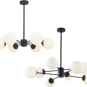 KCO Matte Black Sputnik Chandelier, Mid Century Modern Globe Chandelier, 29" Diameter, 6 Milk Glass Shades, Ideal for Living Room, Dining Room, Kitchen Island