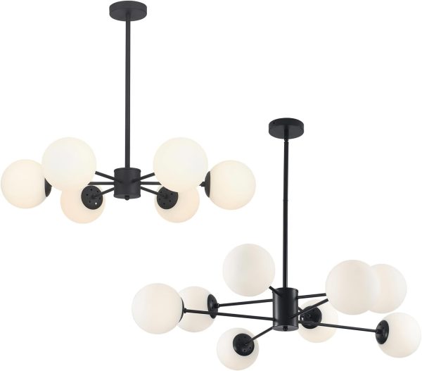 KCO Matte Black Sputnik Chandelier, Mid Century Modern Globe Chandelier, 29" Diameter, 6 Milk Glass Shades, Ideal for Living Room, Dining Room, Kitchen Island