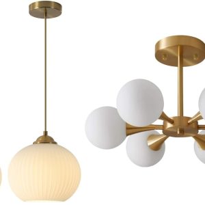 KCO Lighting White Ribbed Glass Pendant Light Modern Antique Brass Pendant Light Gold Large Globe Pendant Light Gold Sputnik Flush Mount Ceiling Light Mid Century Modern Overhead Ceiling Light