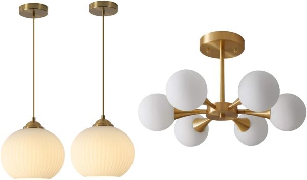 KCO Lighting White Ribbed Glass Pendant Light Modern Antique Brass Pendant Light Gold Large Globe Pendant Light Gold Sputnik Flush Mount Ceiling Light Mid Century Modern Overhead Ceiling Light