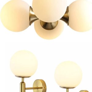 KCO Lighting Modern Brushed Brass Flush Mount Ceiling Light Mid Century Gold Globe Flush Mount Ceiling Light Schoolhouse Light Fixture Gold Mid Century Modern Wall Sconce Milk Glass Wall Lamp