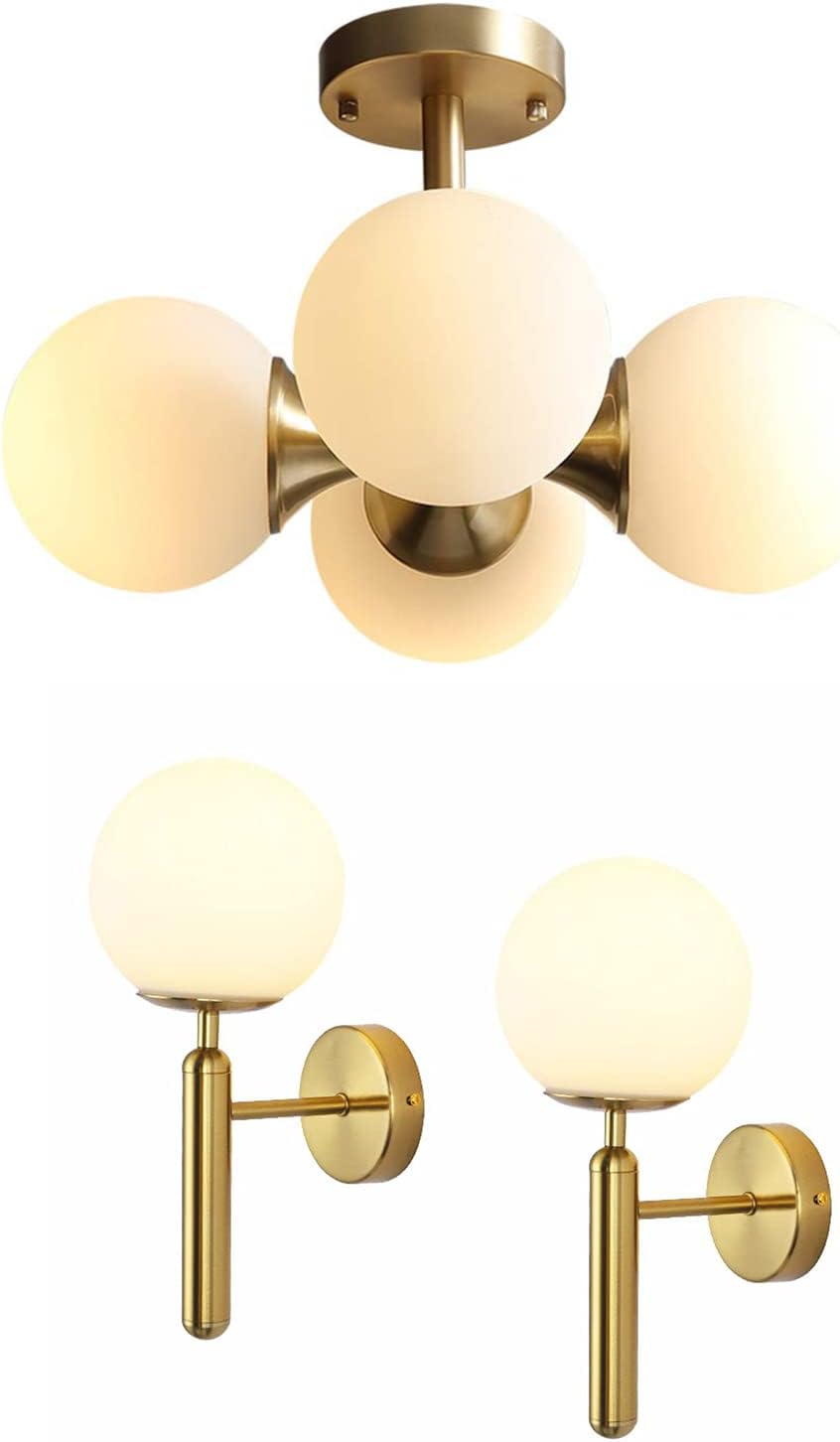 KCO Lighting Modern Brushed Brass Flush Mount Ceiling Light Mid Century Gold Globe Flush Mount Ceiling Light Schoolhouse Light Fixture Gold Mid Century Modern Wall Sconce Milk Glass Wall Lamp