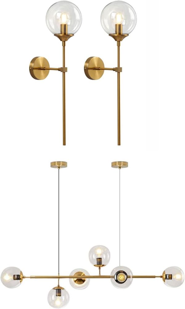 KCO Lighting Mid-Century Modern 6-Light Glass Globes Sputnik Pendant Lamp Slim Clear Globe Wall Sconce Light with Long Arm