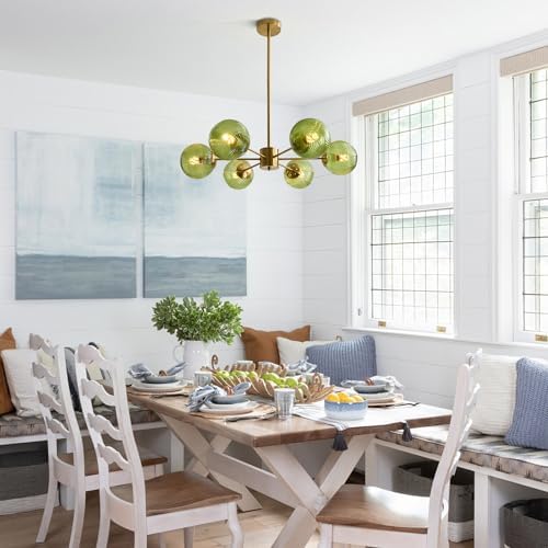 KCO Lighting 6-Light Green Glass Ceiling Pendant Light Modern Globe Semi Flush Mount Ceiling Chandelier Vintage Brass Gold Sputnik Chandelier Lighting for Kitchen Living Room Dining Room - Image 5