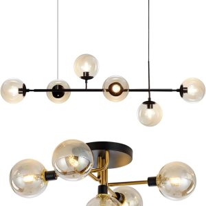 KCO Lighting 6-Light Modern Globe Sputnik Chandelier Mid Century Black Pendant Light Chandelier Black and Gold Brush Metal Sputnik Ceiling Light Fixture Farmhouse Vintage Close to Ceiling Lighting