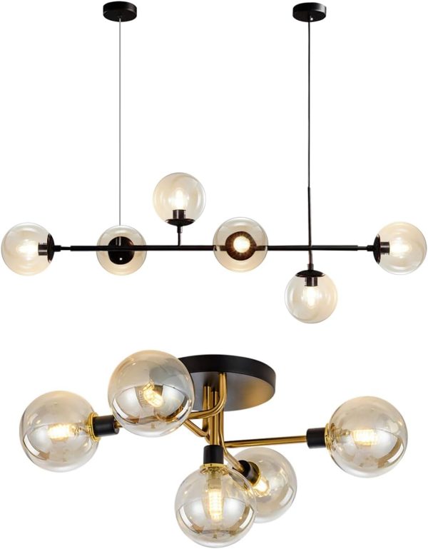 KCO Lighting 6-Light Modern Globe Sputnik Chandelier Mid Century Black Pendant Light Chandelier Black and Gold Brush Metal Sputnik Ceiling Light Fixture Farmhouse Vintage Close to Ceiling Lighting