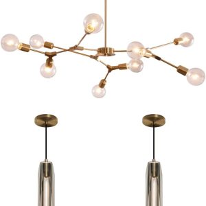 KCO Lighting Modern Sputnik Chandelier Brushed Brass Pendant Light Crystal Pendant Light for Kitchen Island Dining Room Bedroom