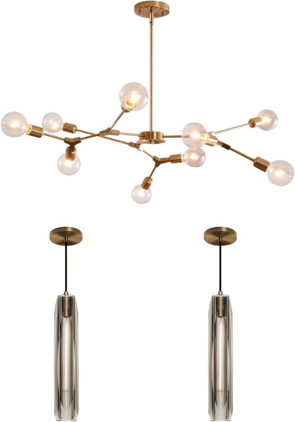 KCO Lighting Modern Sputnik Chandelier Brushed Brass Pendant Light Crystal Pendant Light for Kitchen Island Dining Room Bedroom