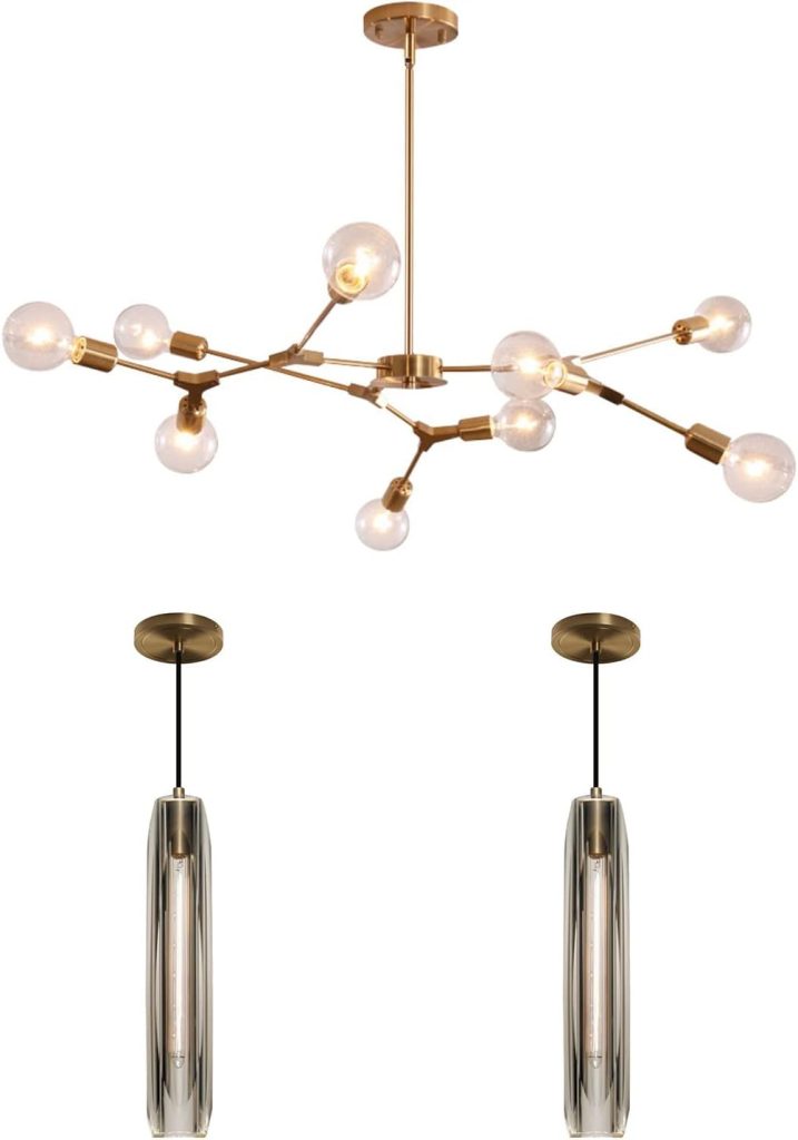 KCO Lighting Modern Sputnik Chandelier Brushed Brass Pendant Light Crystal Pendant Light for Kitchen Island Dining Room Bedroom
