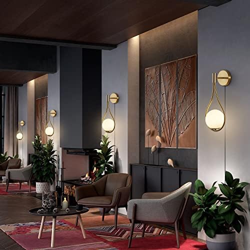 Modo Lighting Glass Ball Wall Sconce Plug in Mid Century Modern Drop Design Wall Light Brushed Brass Gold Wall Lamps for Bedside Living Room (with Plug in 2 Pack) - Image 7