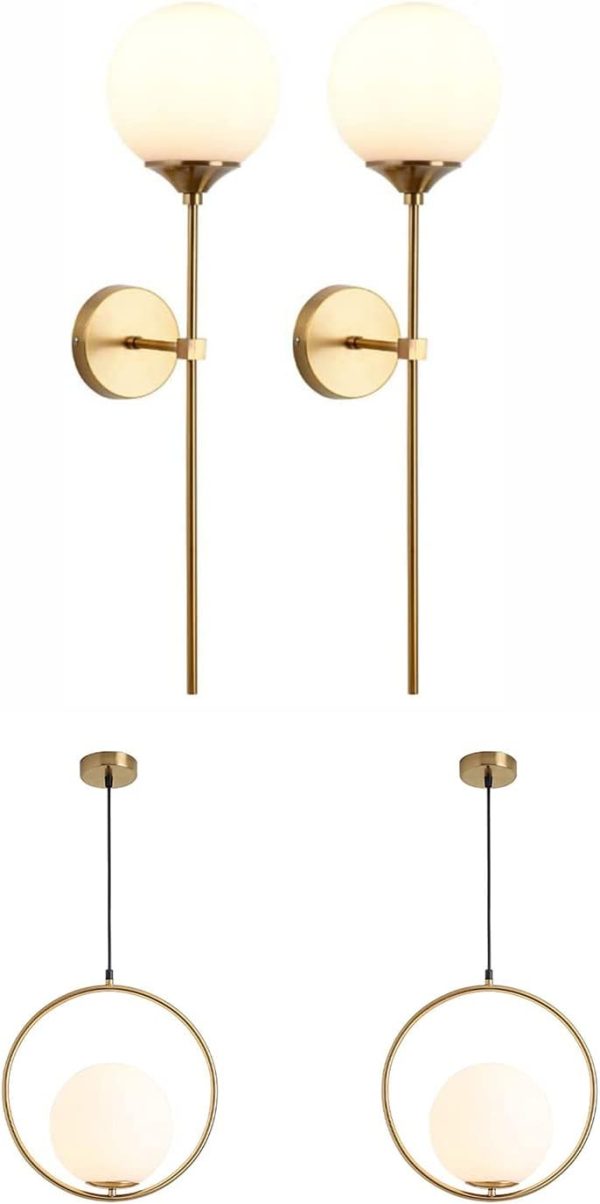 KCO Lighting Frosted White Glass Globe Wall Sconce and Gold Pendant Light