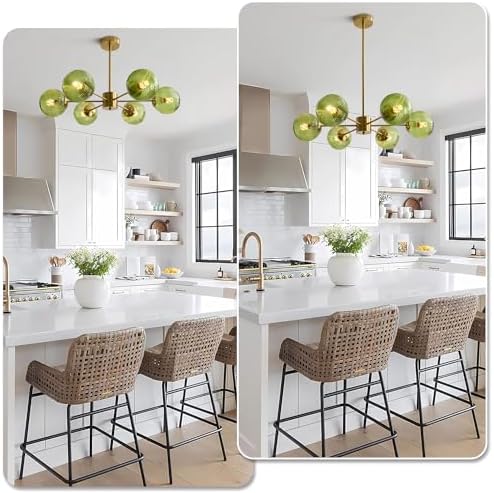 KCO Lighting 6-Light Green Glass Ceiling Pendant Light Modern Globe Semi Flush Mount Ceiling Chandelier Vintage Brass Gold Sputnik Chandelier Lighting for Kitchen Living Room Dining Room - Image 4