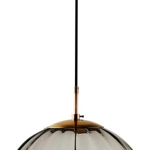 KCO Lighting MCM Brass 9.8” Smoke Gray Ribbed Glass Globe Pendant Light