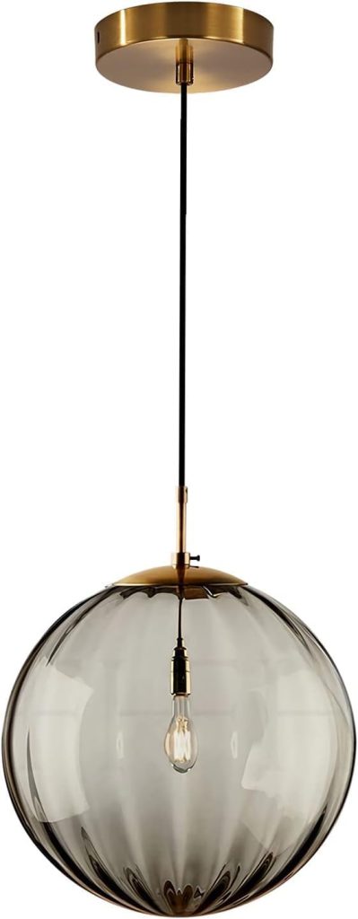 KCO Lighting MCM Brass 9.8” Smoke Gray Ribbed Glass Globe Pendant Light