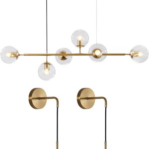 KCO Lighting 6-Light Clear Globe Glass Sputnik Hanging Pendant Light, Vintage Adjustable Wall Sconce Set of Two for Kitchen Island Bathroom Mirror…