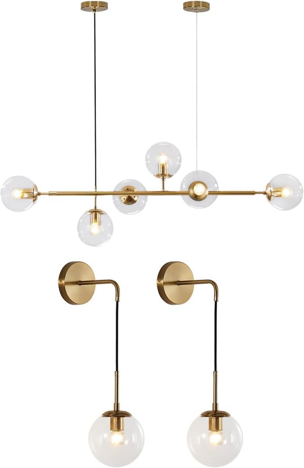KCO Lighting 6-Light Clear Globe Glass Sputnik Hanging Pendant Light, Vintage Adjustable Wall Sconce Set of Two for Kitchen Island Bathroom Mirror…