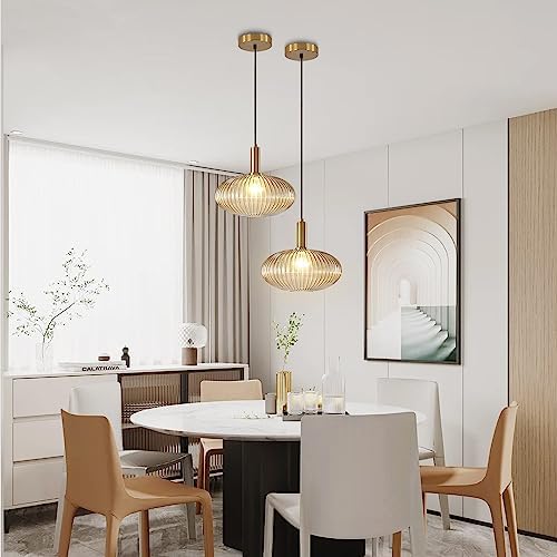 KCO Lighting Amber Glass Pendant Light Ribbed Ceiling Light Gold Single Pendant Light Modern Linear Chandelier Kitchen Island Pendant Lighting Dining Room Pendant Light Fixture - Image 5