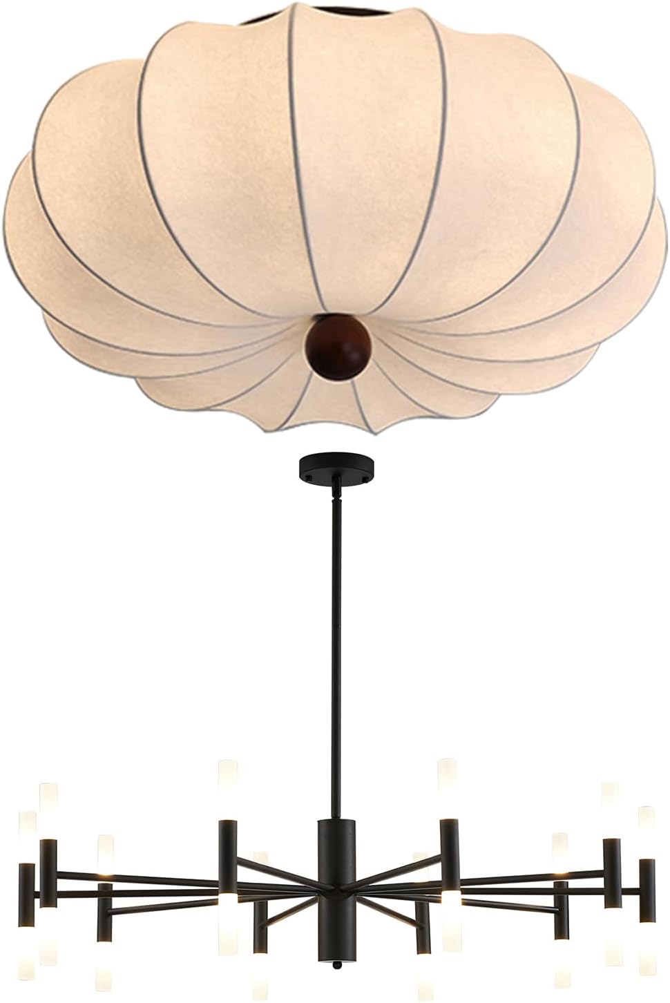 KCO Lighting Large Drum Ceiling Light Fixture White Fabric Flush Mount Ceiling Light Mid Century Modern Black Sputnik Light Fixture Vintage Chandelier 20 Lights for Dining Room Living Room