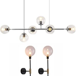 KCO Lighting 6-Light Silver Sputnik Hanging Pendant Light, Vintage Black Adjustable Wall Sconce Set of Two with Clear Globe Glass for Kitchen Island Bathroom Mirror…