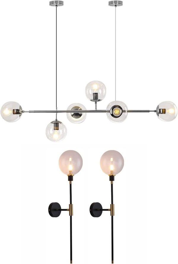 KCO Lighting 6-Light Silver Sputnik Hanging Pendant Light, Vintage Black Adjustable Wall Sconce Set of Two with Clear Globe Glass for Kitchen Island Bathroom Mirror…